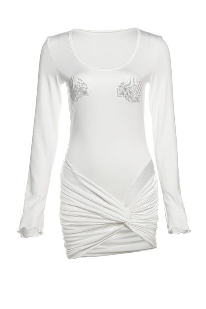 Rhinestone Long Sleeve Bodysuit & Solid Knotted Mini Skirt Set