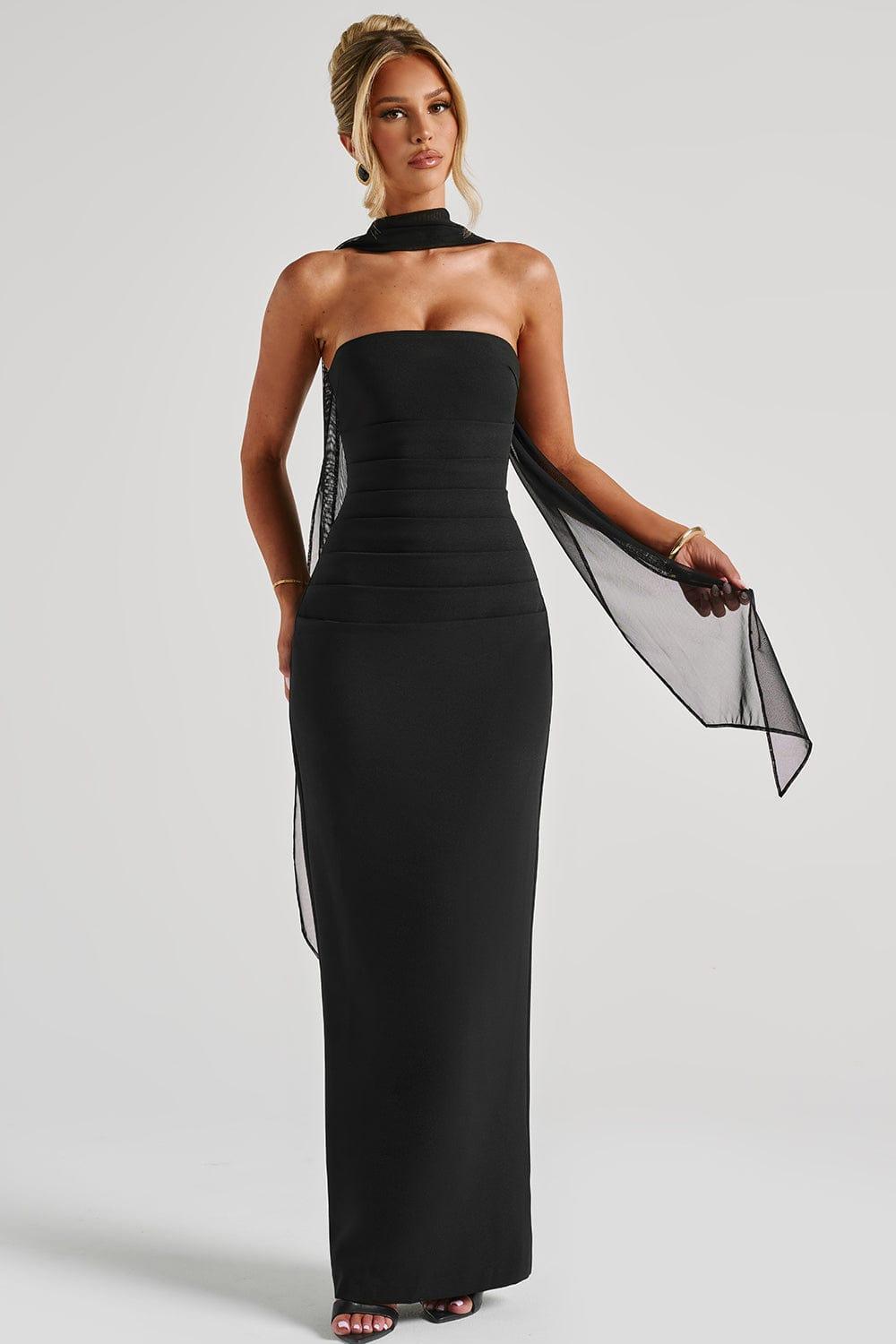 Off-Shoulder Gathering Solid Maxi Dress With Gloves