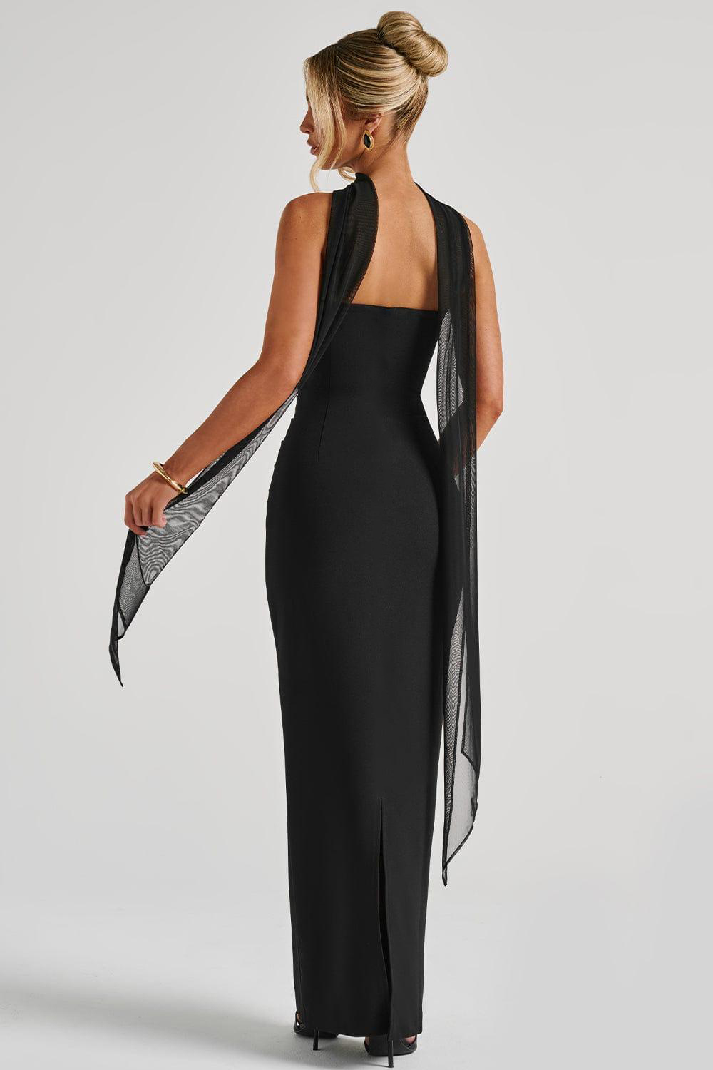 Off-Shoulder Gathering Solid Maxi Dress With Gloves