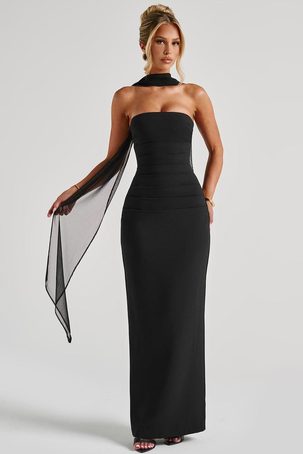 Off-Shoulder Gathering Solid Maxi Dress With Gloves