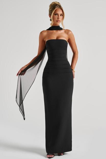 Off-Shoulder Gathering Solid Maxi Dress With Gloves