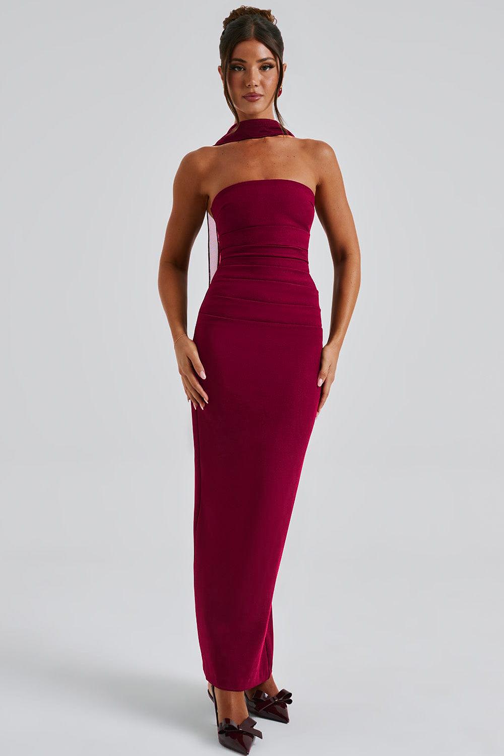 Off-Shoulder Gathering Solid Maxi Dress With Gloves