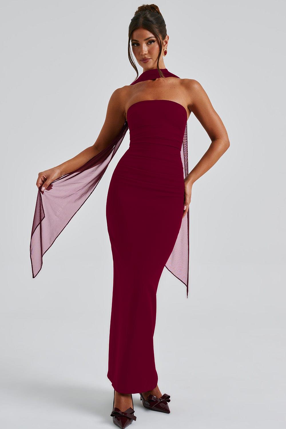 Off-Shoulder Gathering Solid Maxi Dress With Gloves