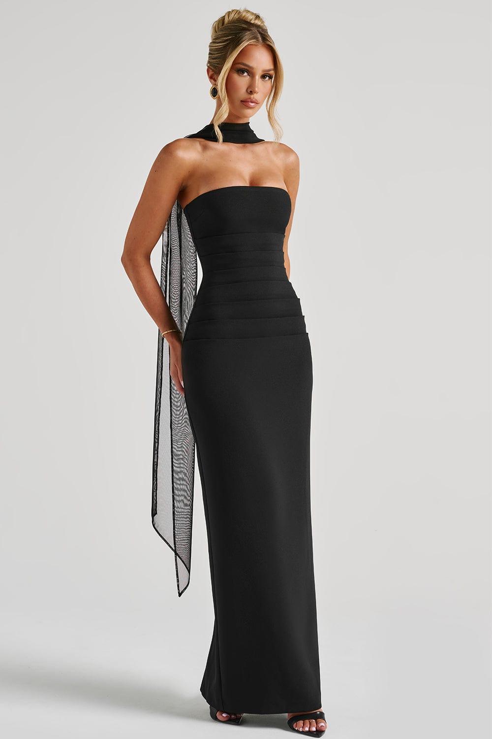 Off-Shoulder Gathering Solid Maxi Dress With Gloves