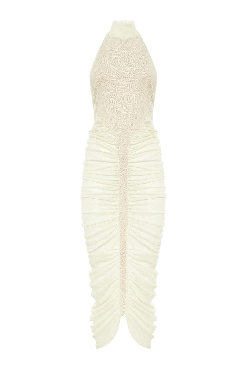 Solid Halter Neck Gathering Midi Dress