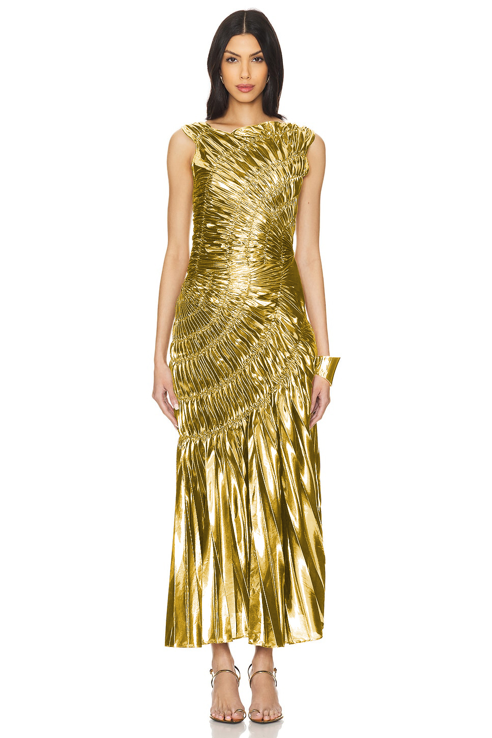 Metallic Fabric Gathering Sleeveless Maxi Dress