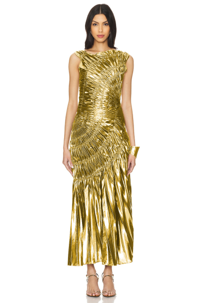 Metallic Fabric Gathering Sleeveless Maxi Dress