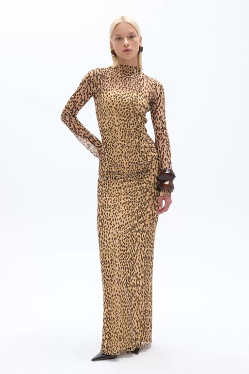 Leopard Print Mesh Long Sleeve Maxi Dress