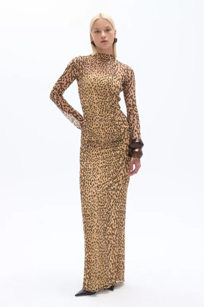 Leopard Print Mesh Long Sleeve Maxi Dress