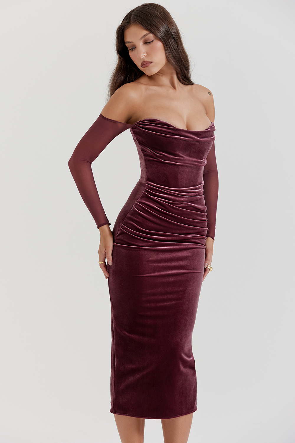 Velvet Off-Shoulder Long Sleeve Midi Dress