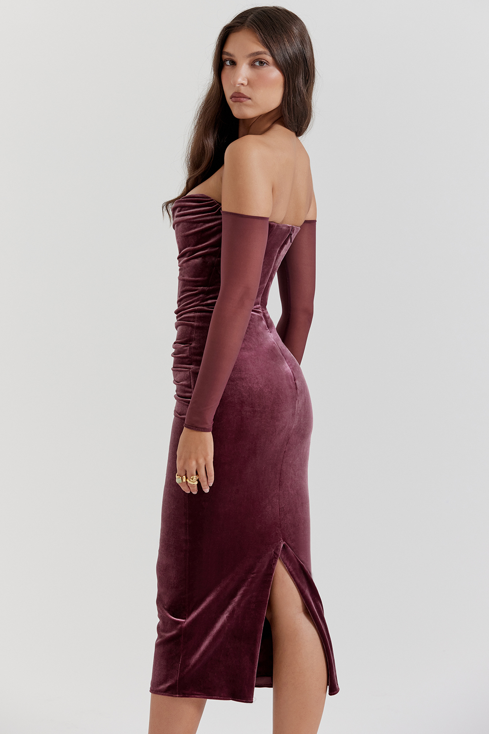 Velvet Off-Shoulder Long Sleeve Midi Dress
