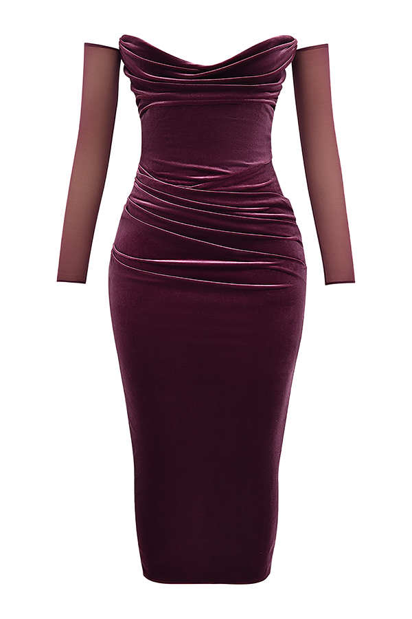 Velvet Off-Shoulder Long Sleeve Midi Dress