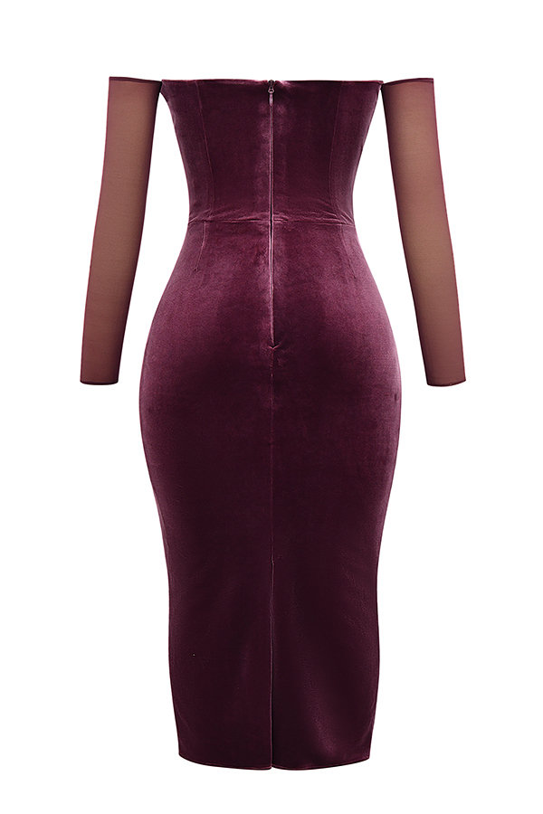 Velvet Off-Shoulder Long Sleeve Midi Dress