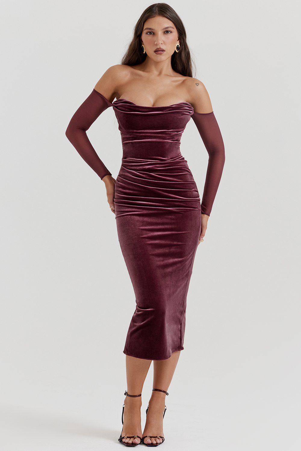 Velvet Off-Shoulder Long Sleeve Midi Dress