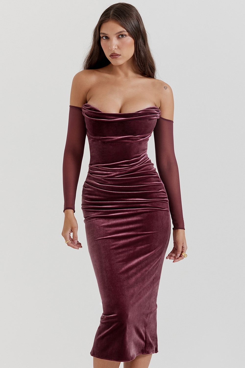 Velvet Off-Shoulder Long Sleeve Midi Dress