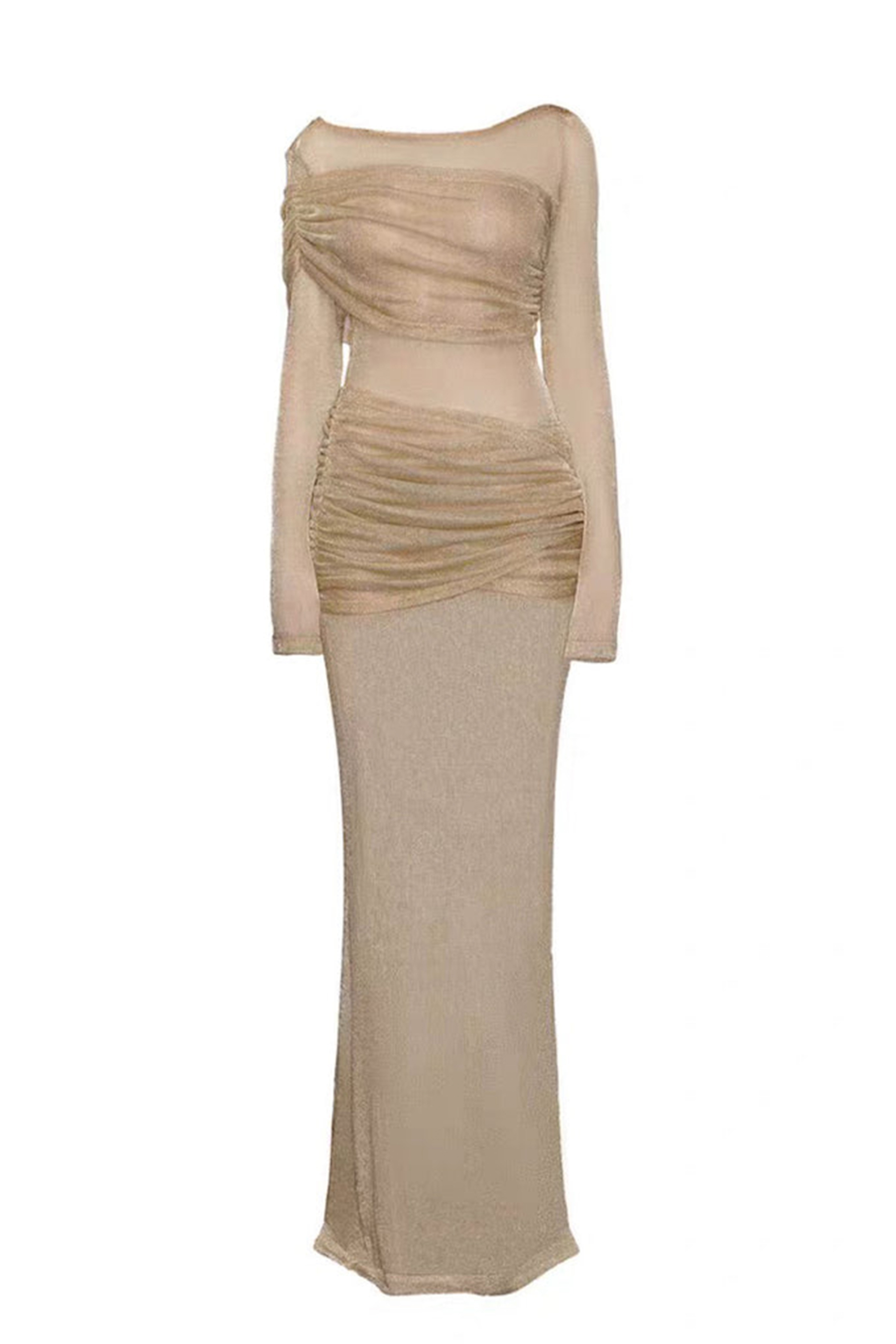 Luxury Mesh Long Sleeve Ruched Maxi Dress
