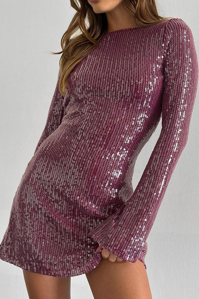 Sequin Long Sleeve Backless Mini Dress