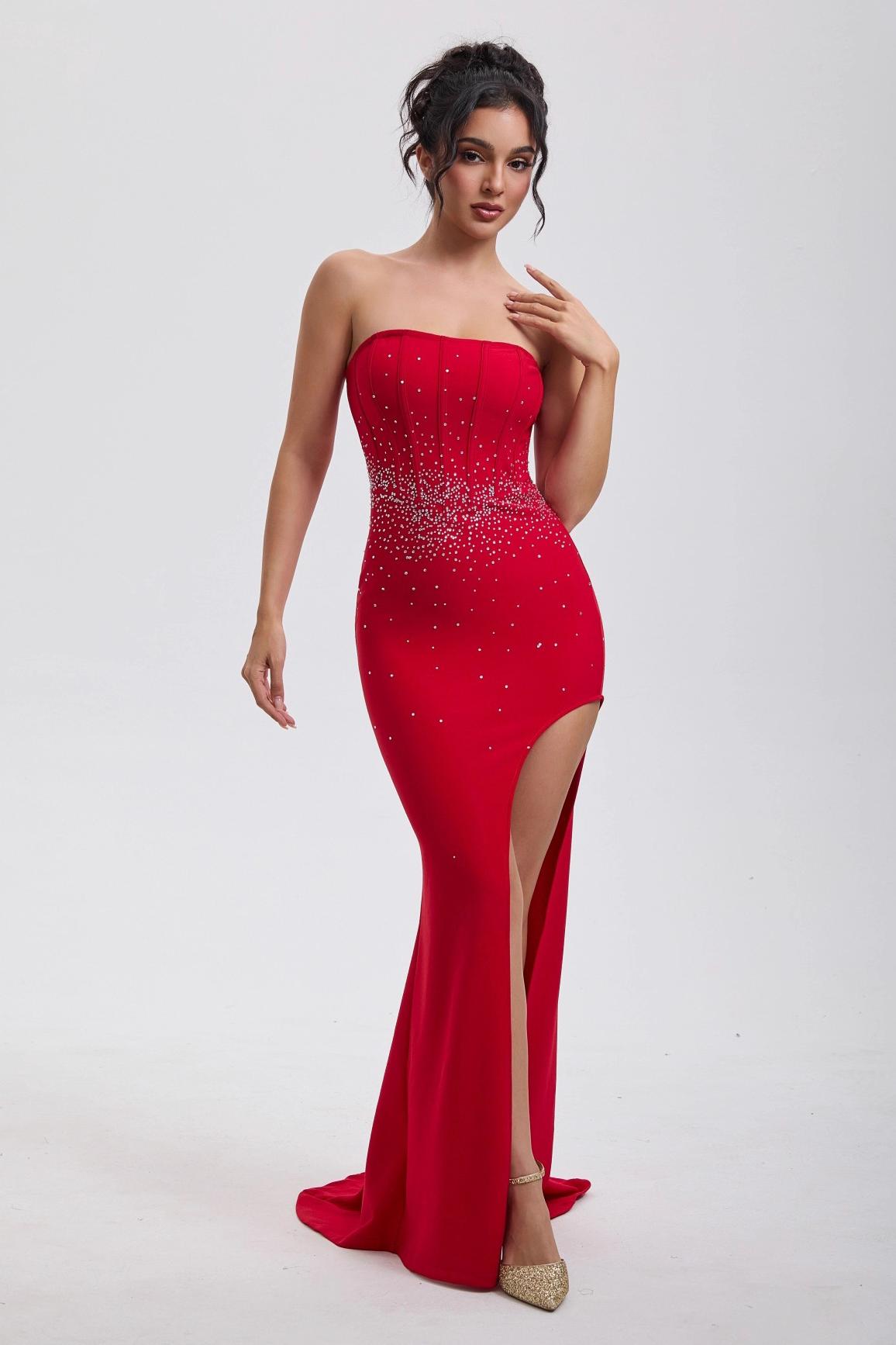 Rhinestone Off-Shoulder Corset Maxi Dress