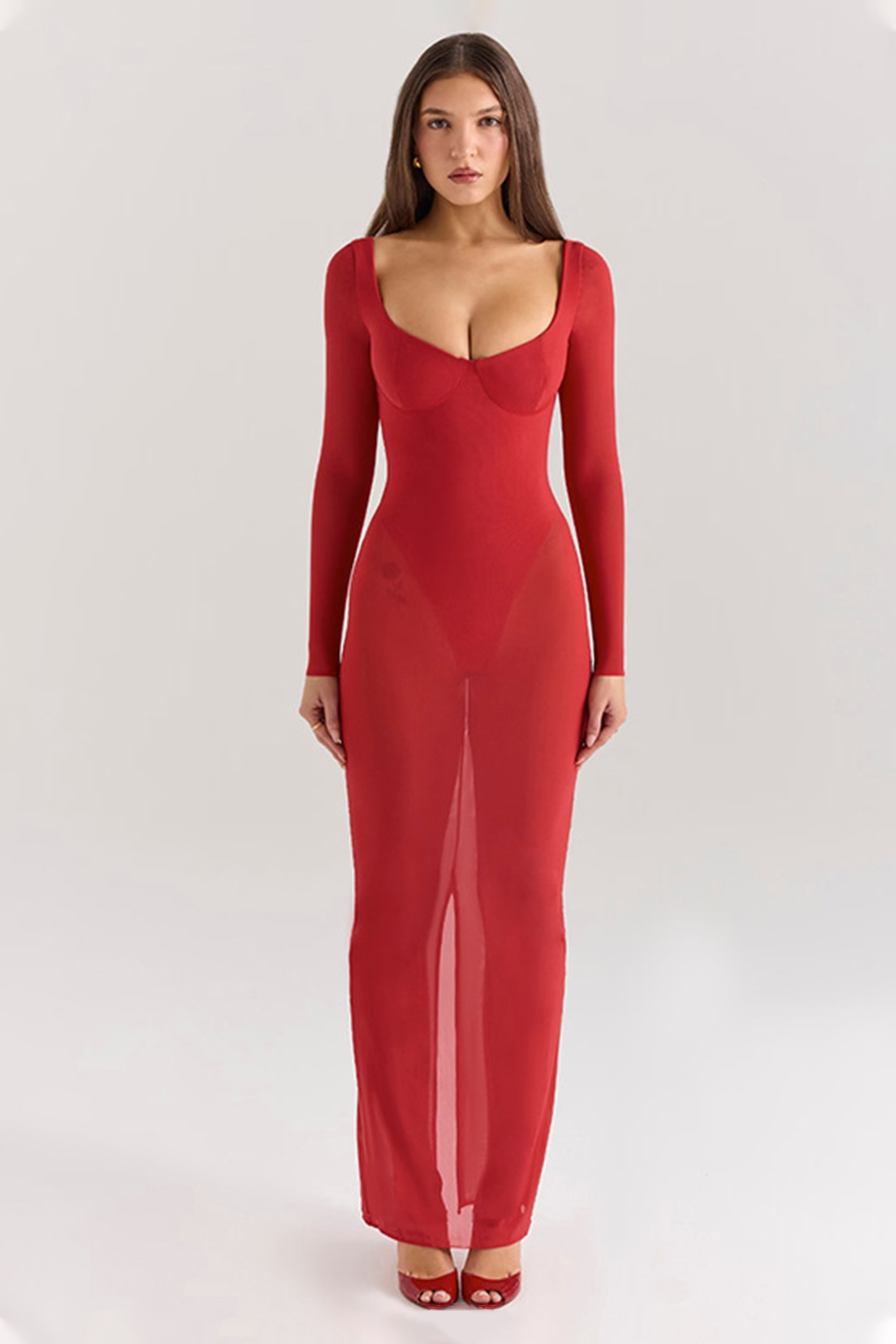 Solid Mesh Long Sleeve Maxi Dress