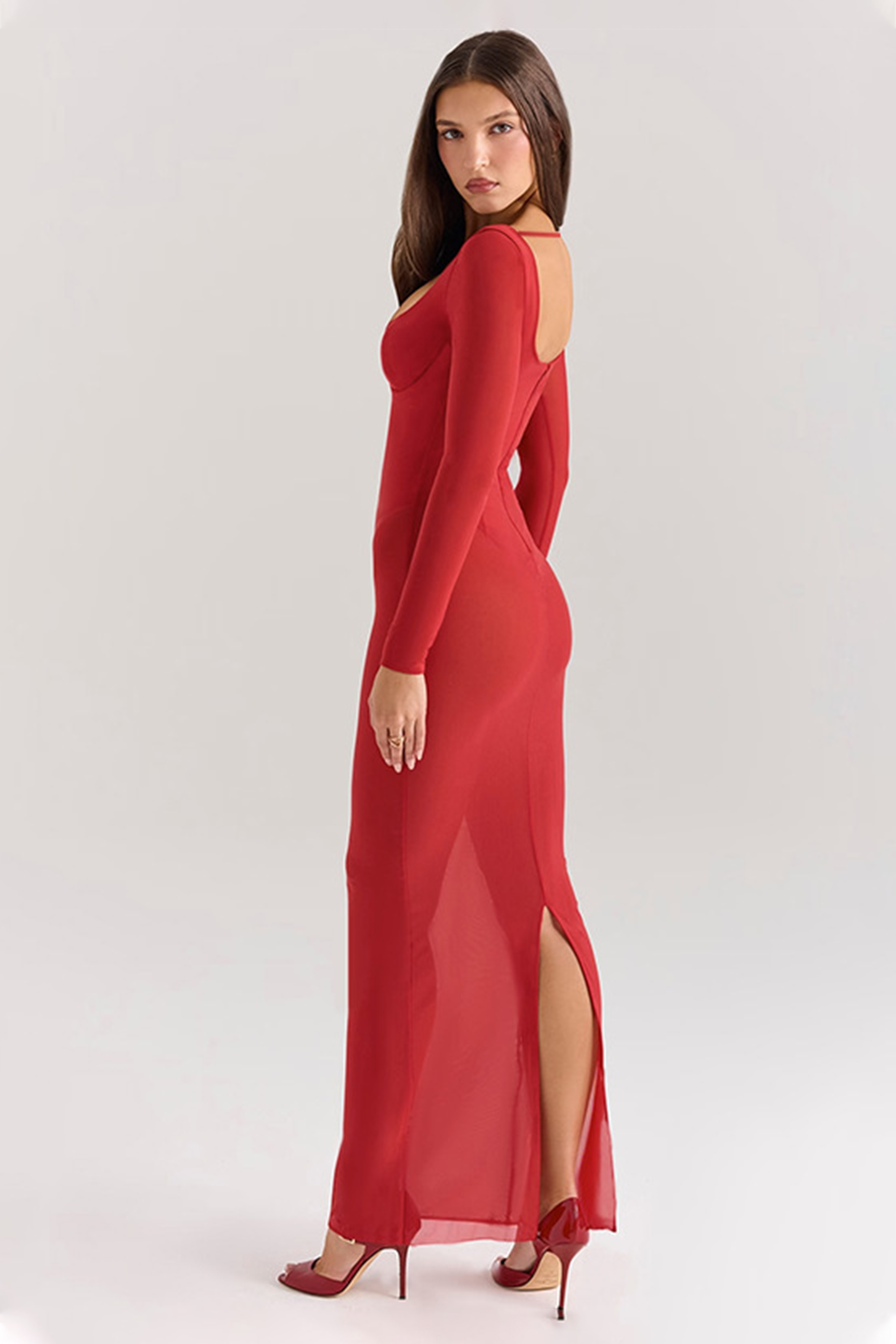 Solid Mesh Long Sleeve Maxi Dress