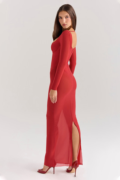 Solid Mesh Long Sleeve Maxi Dress