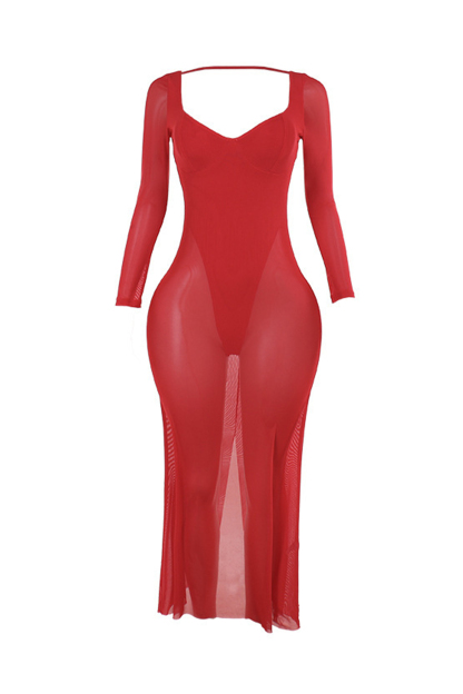 Solid Mesh Long Sleeve Maxi Dress