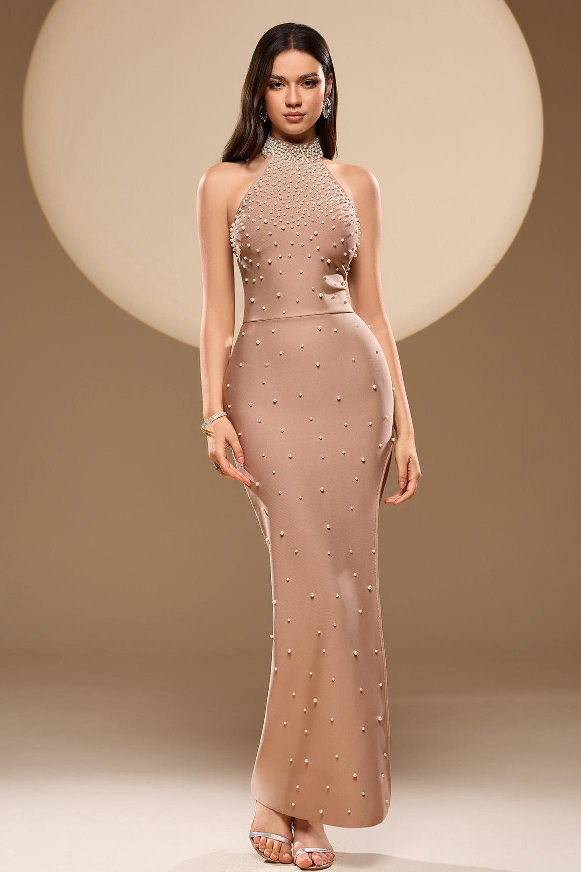 Faux Pearl Bandage Slit Maxi Dress