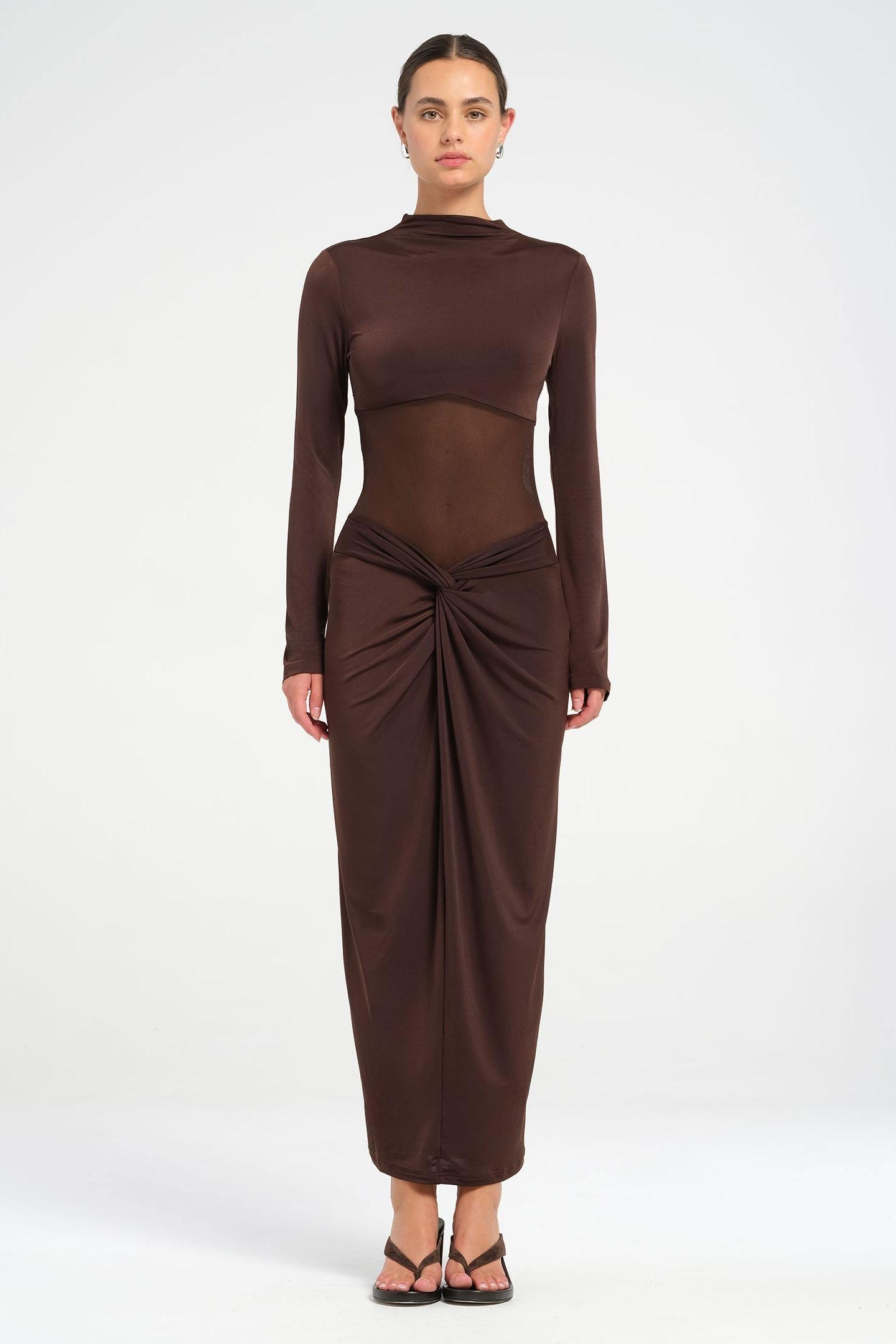 Mesh Long Sleeve Knotted Maxi Dress