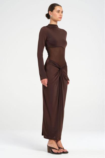 Mesh Long Sleeve Knotted Maxi Dress