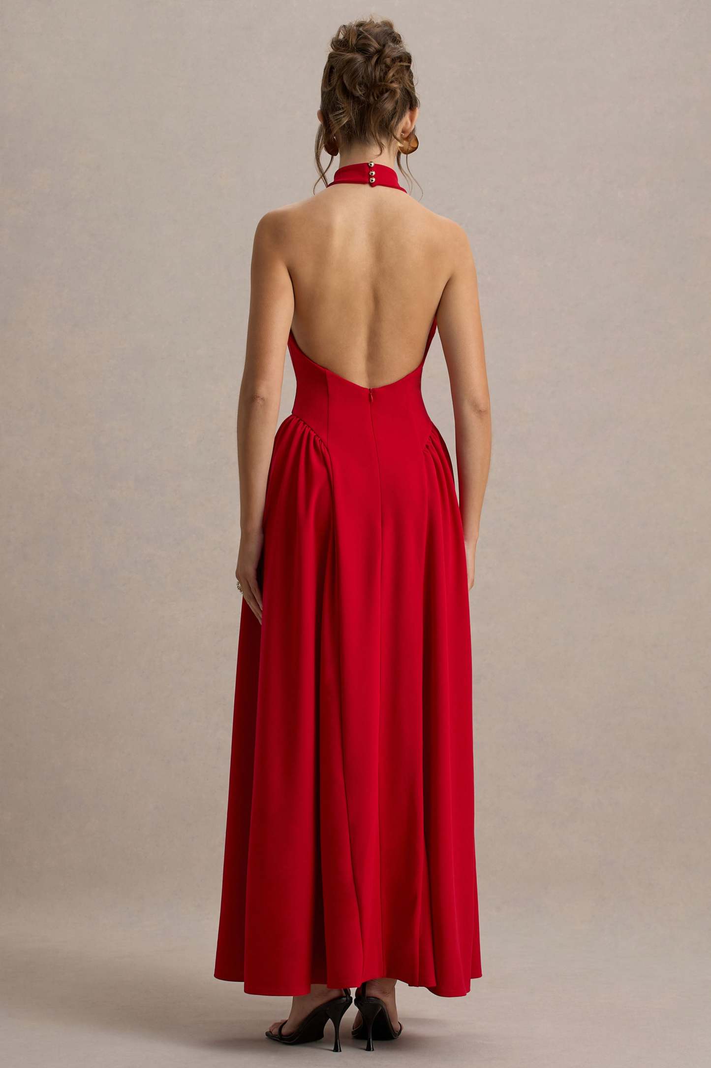 Solid Halter Neck Gathering Midi Dress