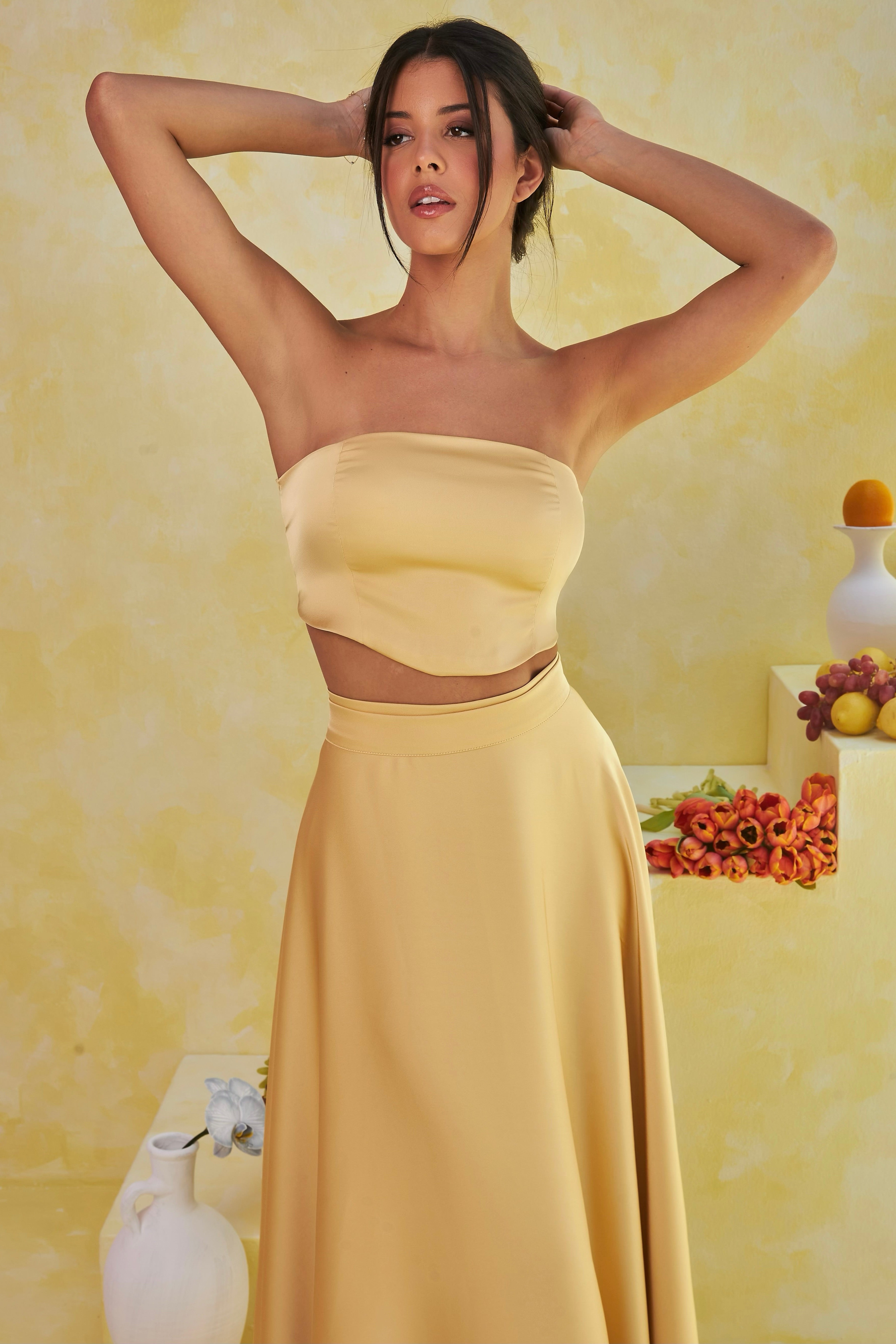 Satin Off-Shoulder Top & High Waist Wrap Maxi Skirt Set