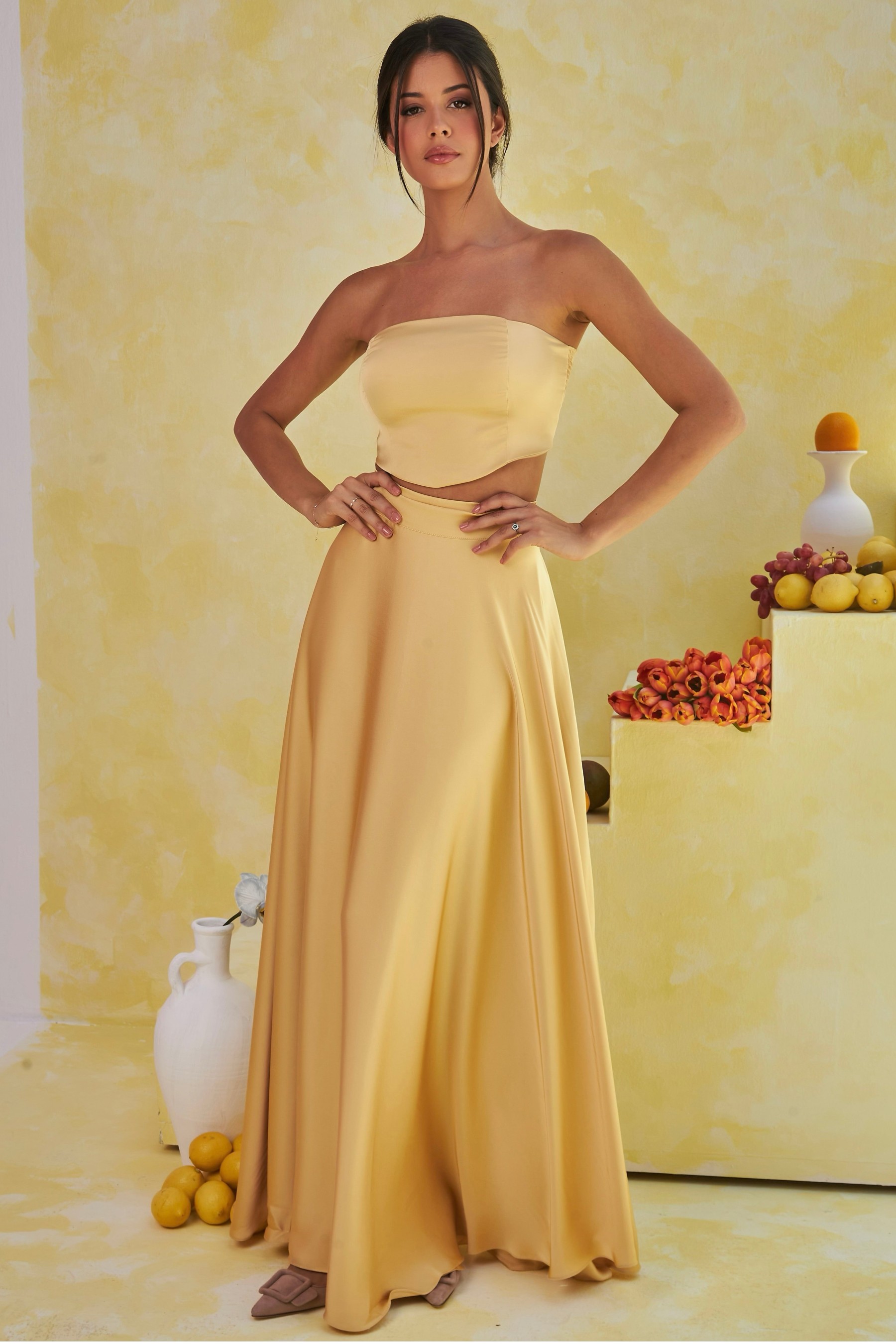 Satin Off-Shoulder Top & High Waist Wrap Maxi Skirt Set