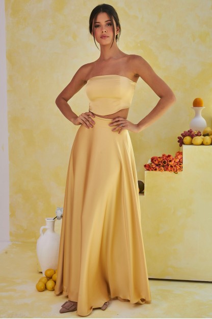 Satin Off-Shoulder Top & High Waist Wrap Maxi Skirt Set