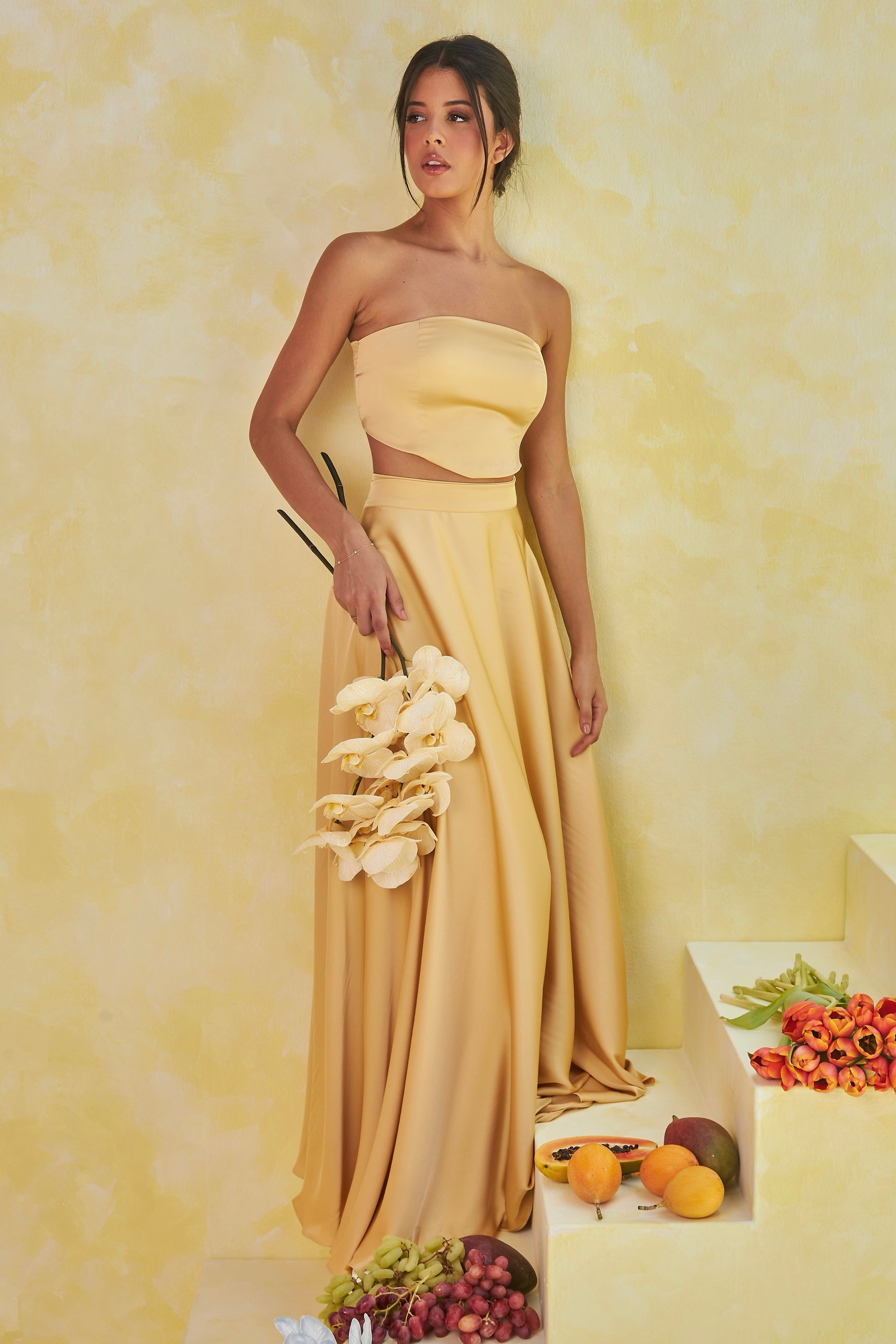 Satin Off-Shoulder Top & High Waist Wrap Maxi Skirt Set