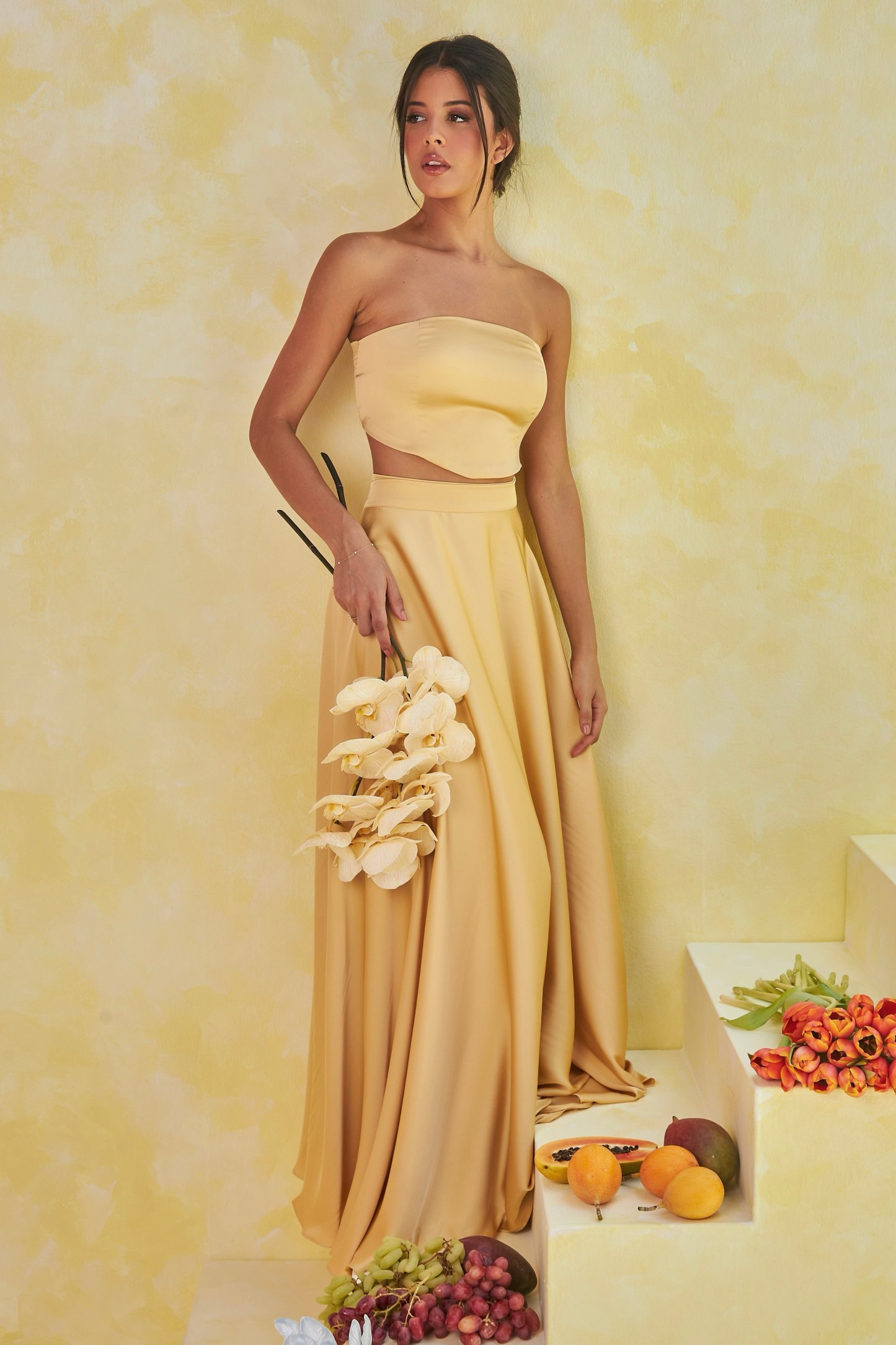 Satin Off-Shoulder Top & High Waist Wrap Maxi Skirt Set