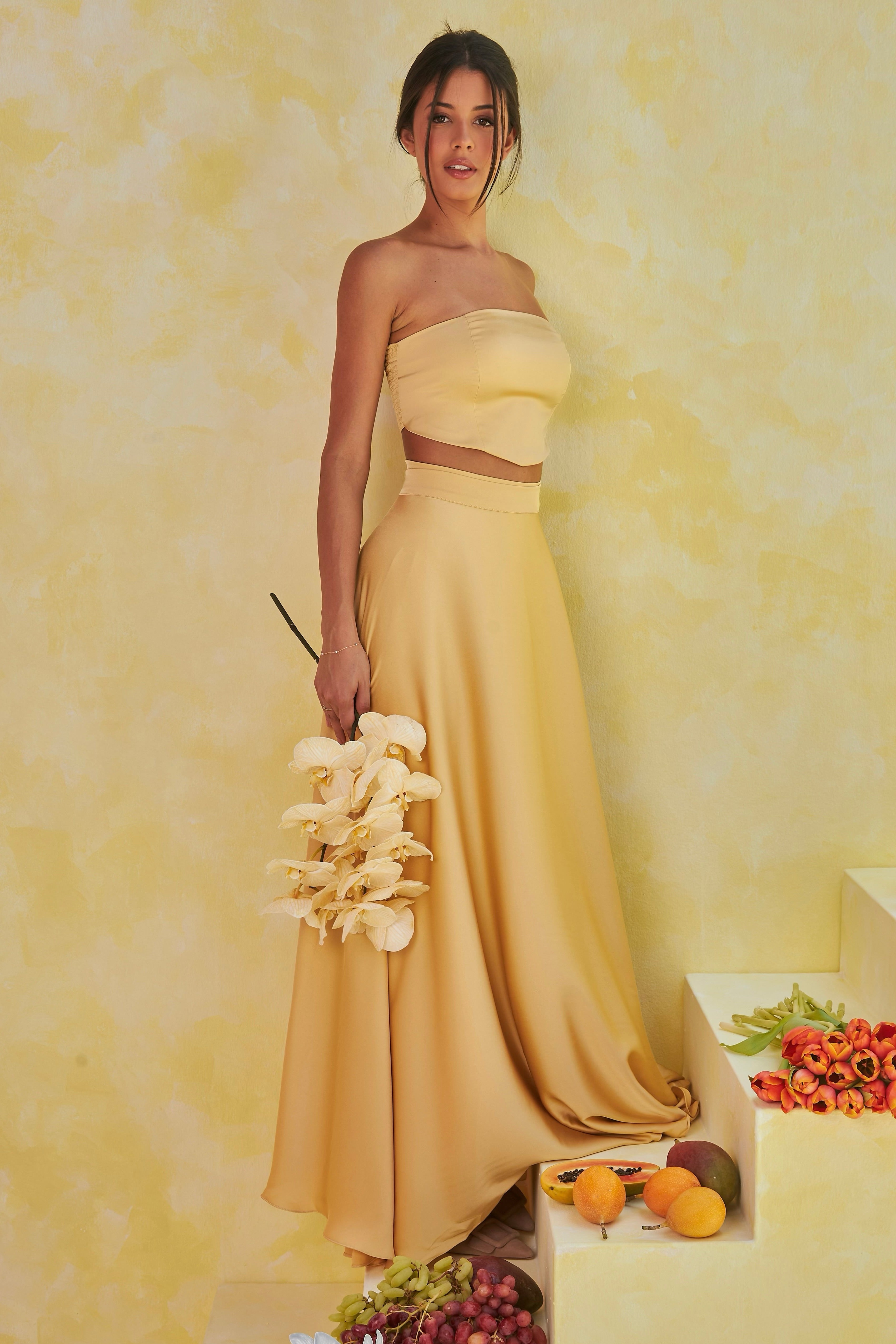 Satin Off-Shoulder Top & High Waist Wrap Maxi Skirt Set