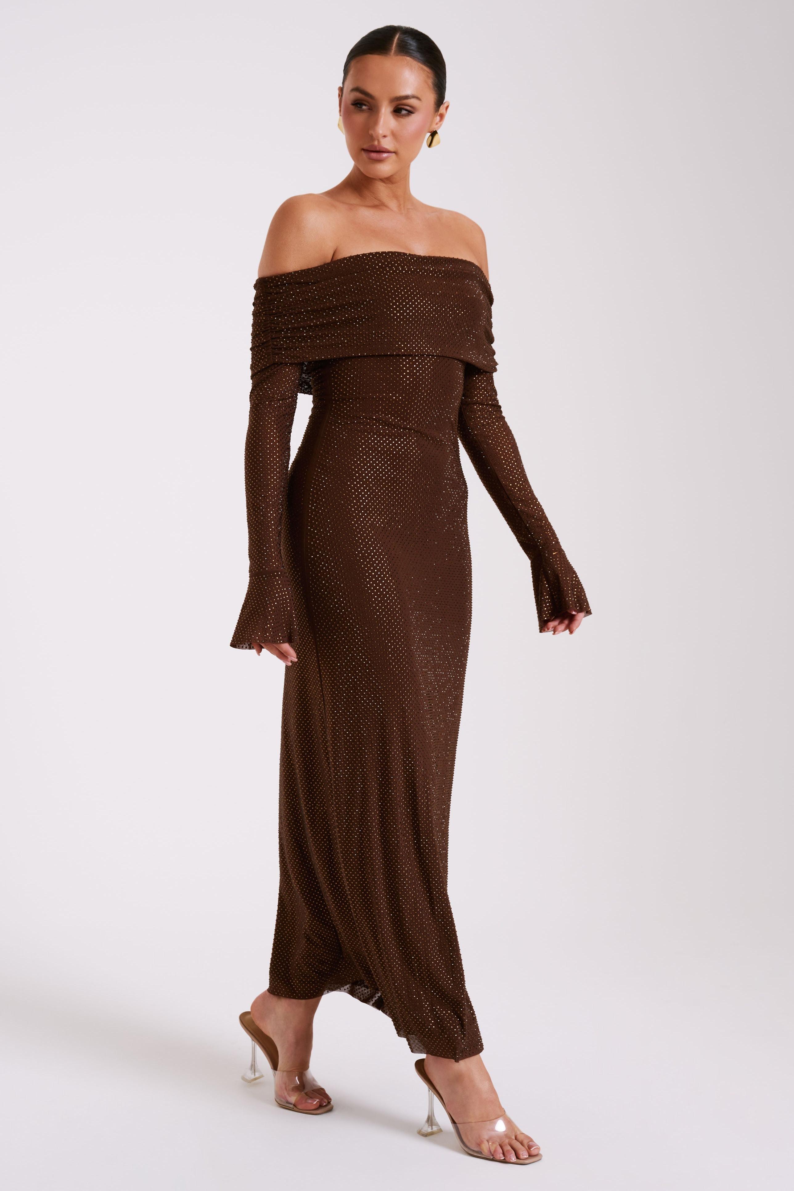 Mesh Silver Foil Stamping Off-Shoulder Midi Dress