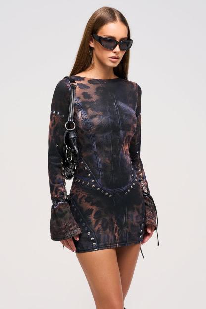 Mesh Leopard Print Tie-up Long Sleeve Mini Dress