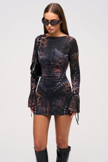 Mesh Leopard Print Tie-up Long Sleeve Mini Dress
