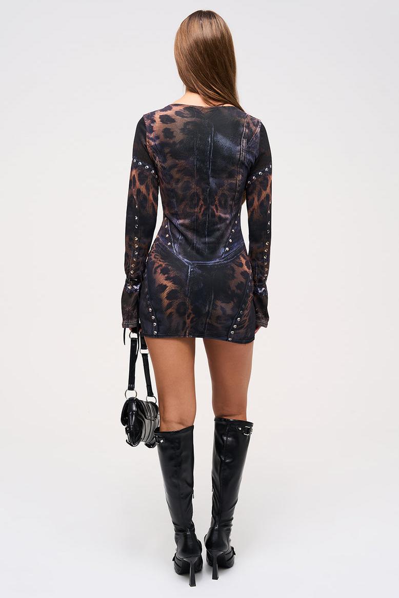 Mesh Leopard Print Tie-up Long Sleeve Mini Dress