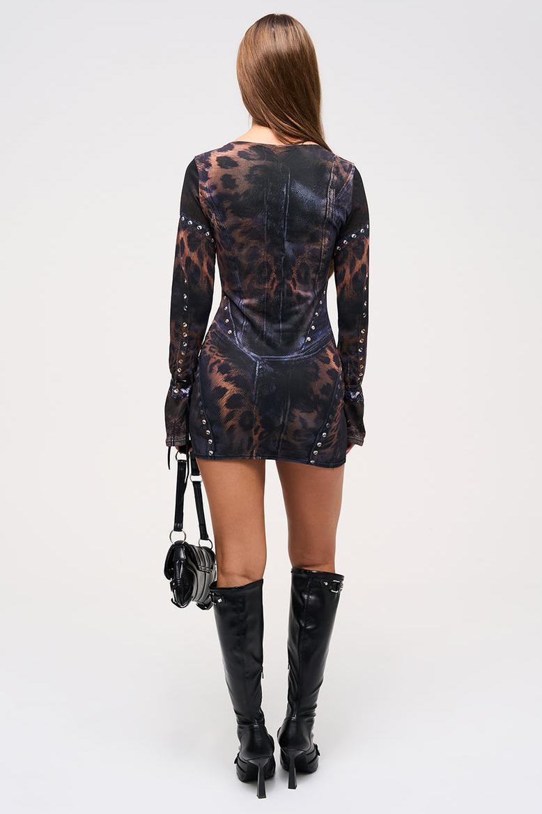 Mesh Leopard Print Tie-up Long Sleeve Mini Dress