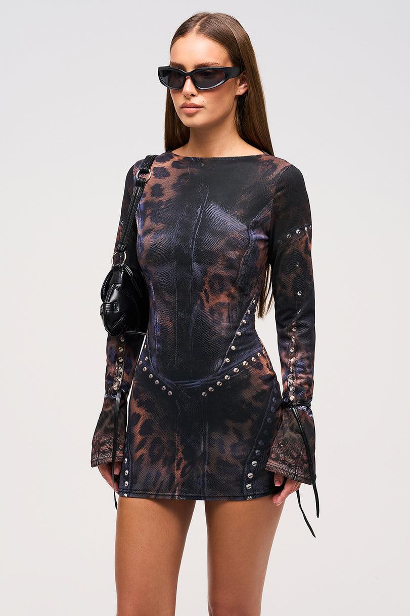 Mesh Leopard Print Tie-up Long Sleeve Mini Dress