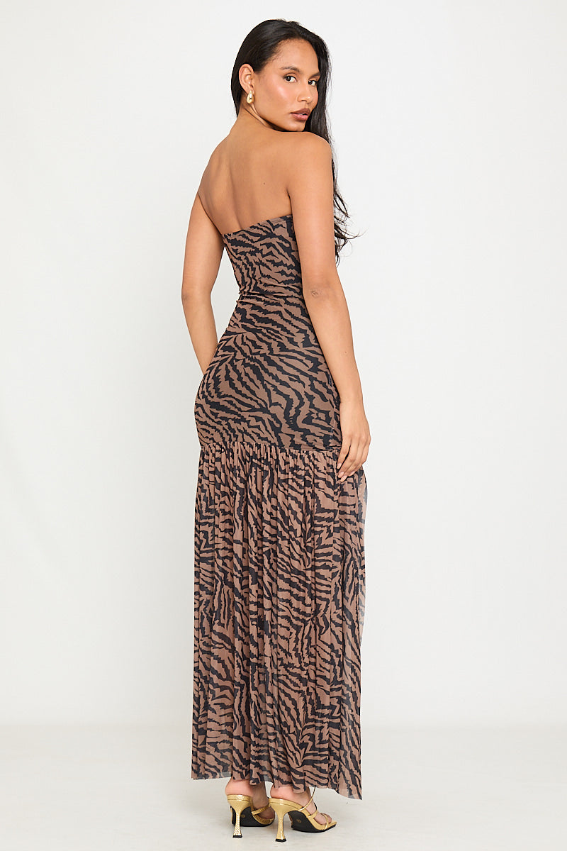 Mesh Zebra Print Off-Shoulder Slit Maxi Dress