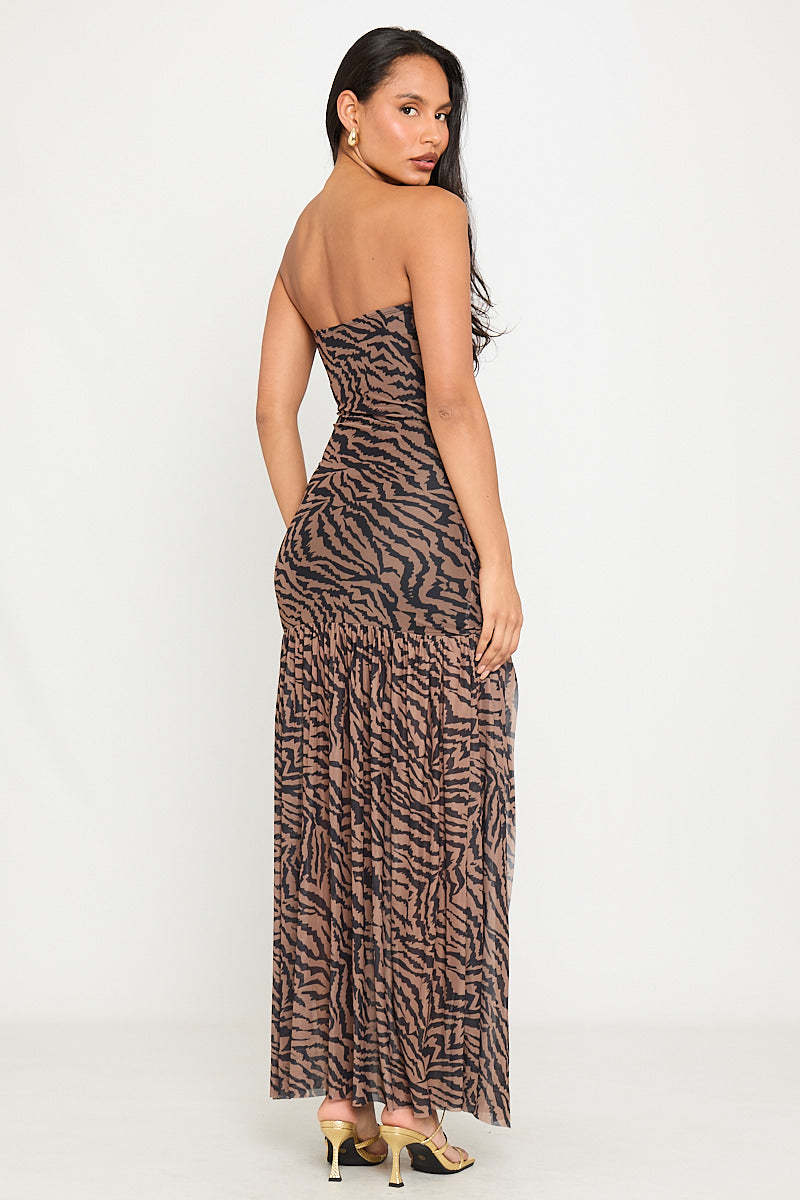 Mesh Zebra Print Off-Shoulder Slit Maxi Dress