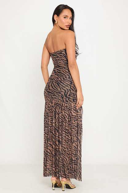 Mesh Zebra Print Off-Shoulder Slit Maxi Dress