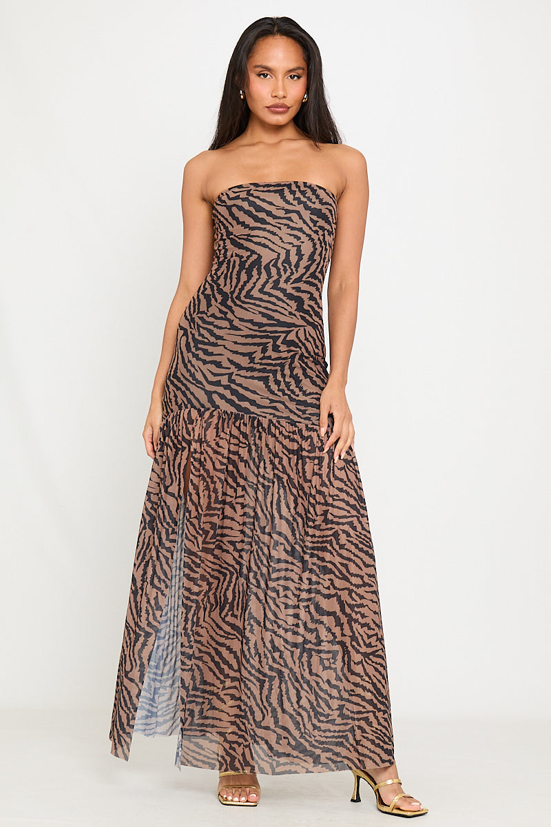 Mesh Zebra Print Off-Shoulder Slit Maxi Dress