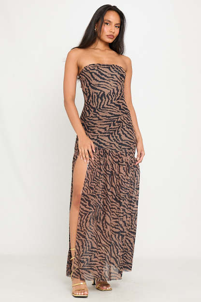 Mesh Zebra Print Off-Shoulder Slit Maxi Dress