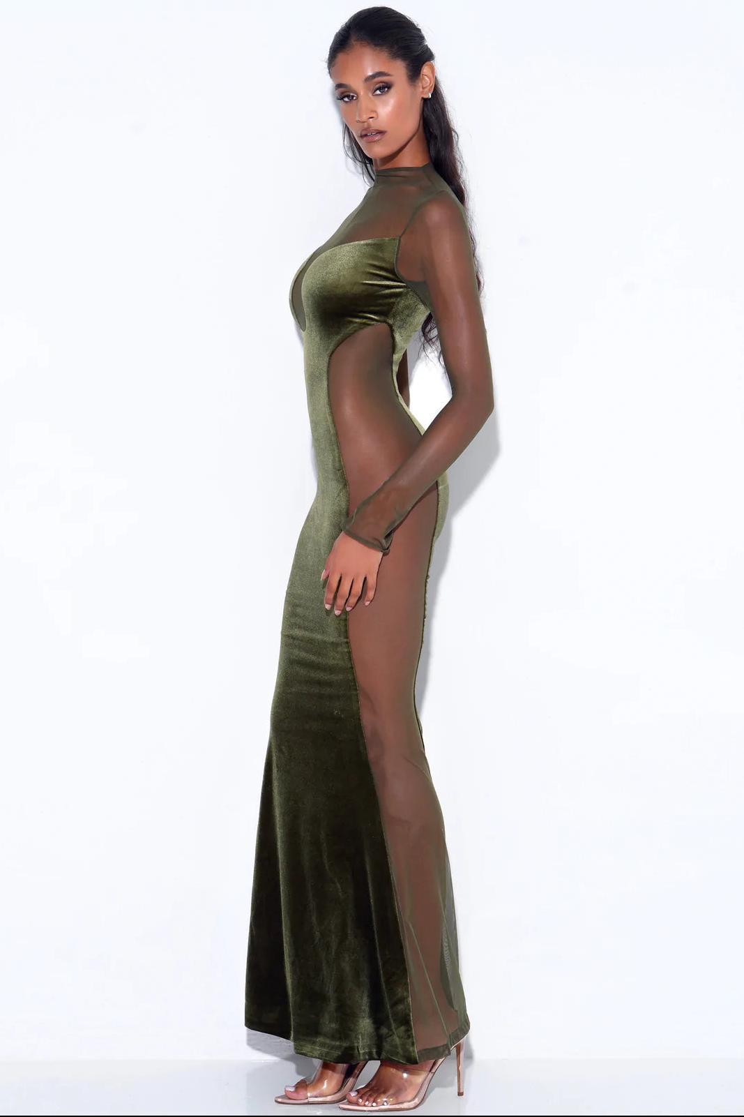 Mesh Splicing Velvet See-Through Maxi Dress