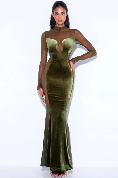 Mesh Splicing Velvet See-Through Maxi Dress