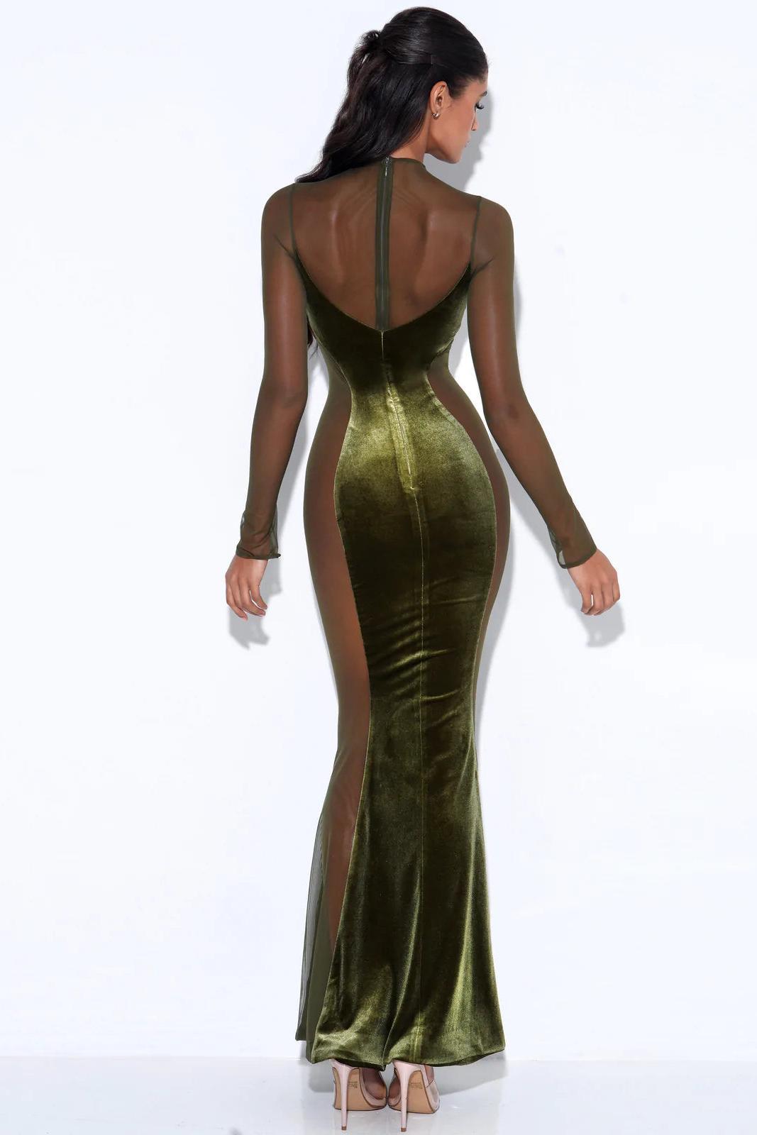 Mesh Splicing Velvet See-Through Maxi Dress